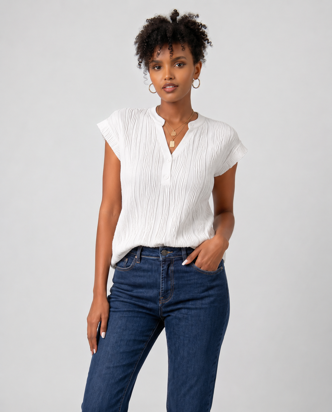 White Wavy Textured Button V Neck Tee