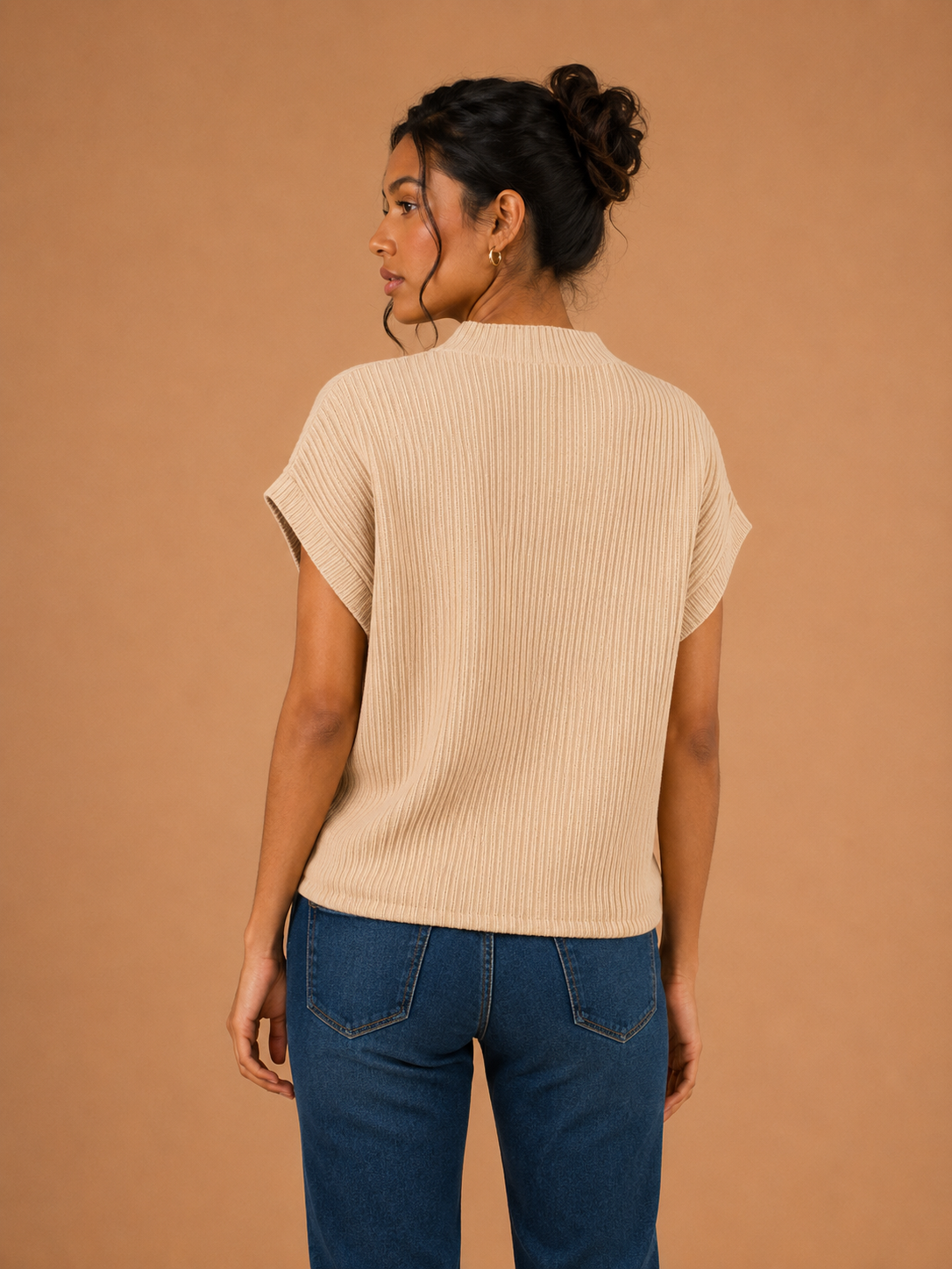 Ribbed Mock Neck Knit Top - Oatmeal