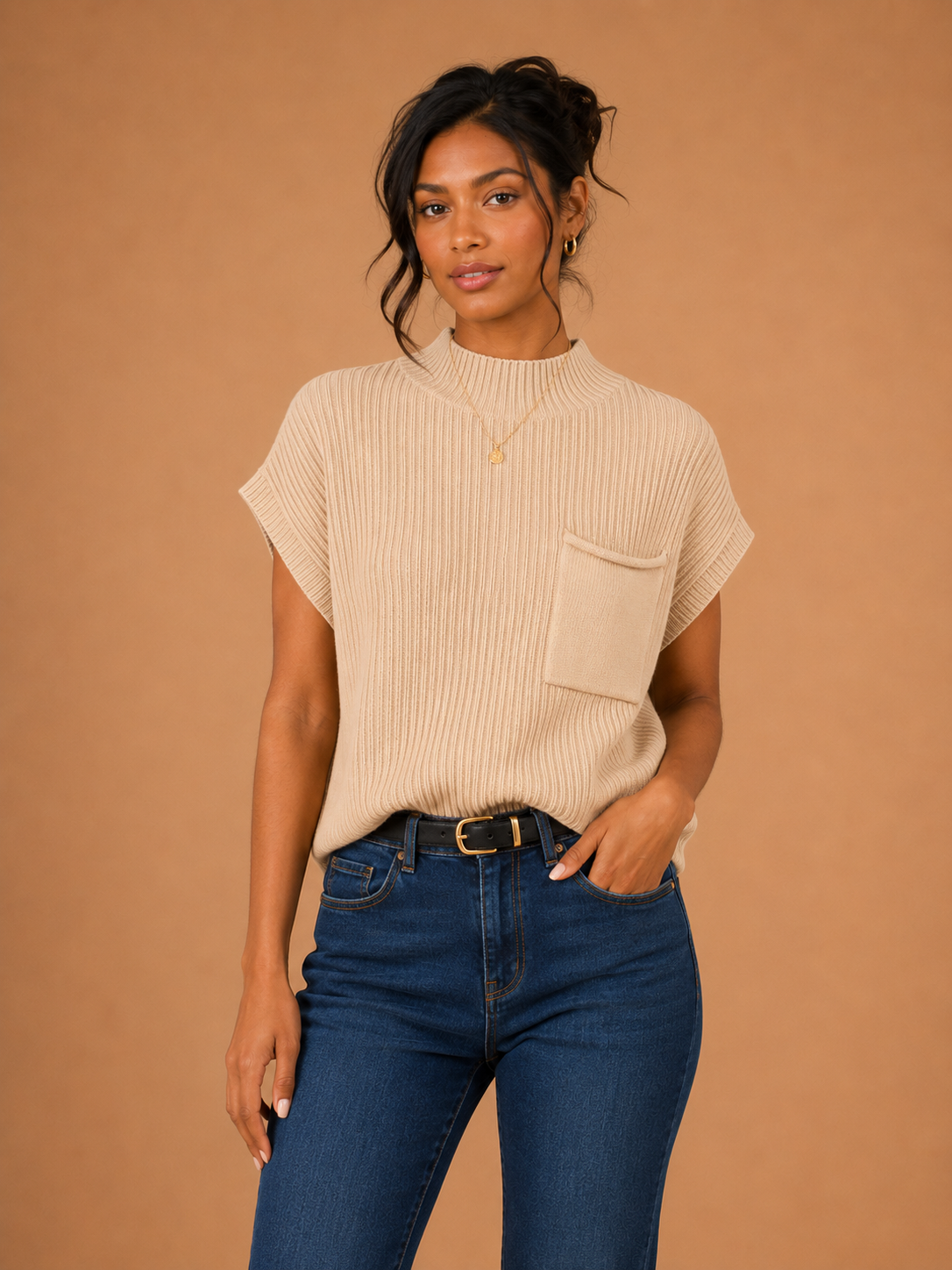 Ribbed Mock Neck Knit Top - Oatmeal