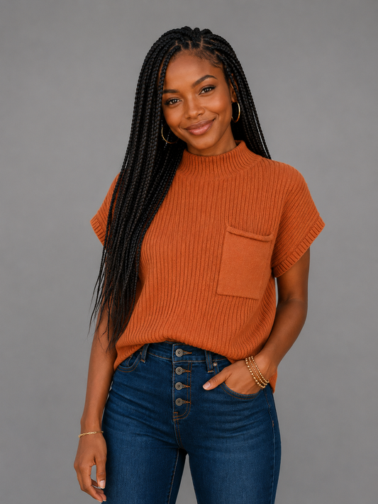 Ribbed Mock Neck Knit Top - Burnt Orange