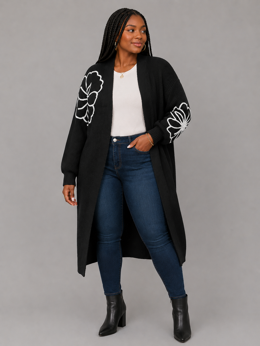 Black Flower Embroidered Open Front Cardigan