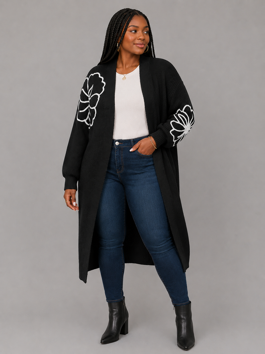Black Flower Embroidered Open Front Cardigan