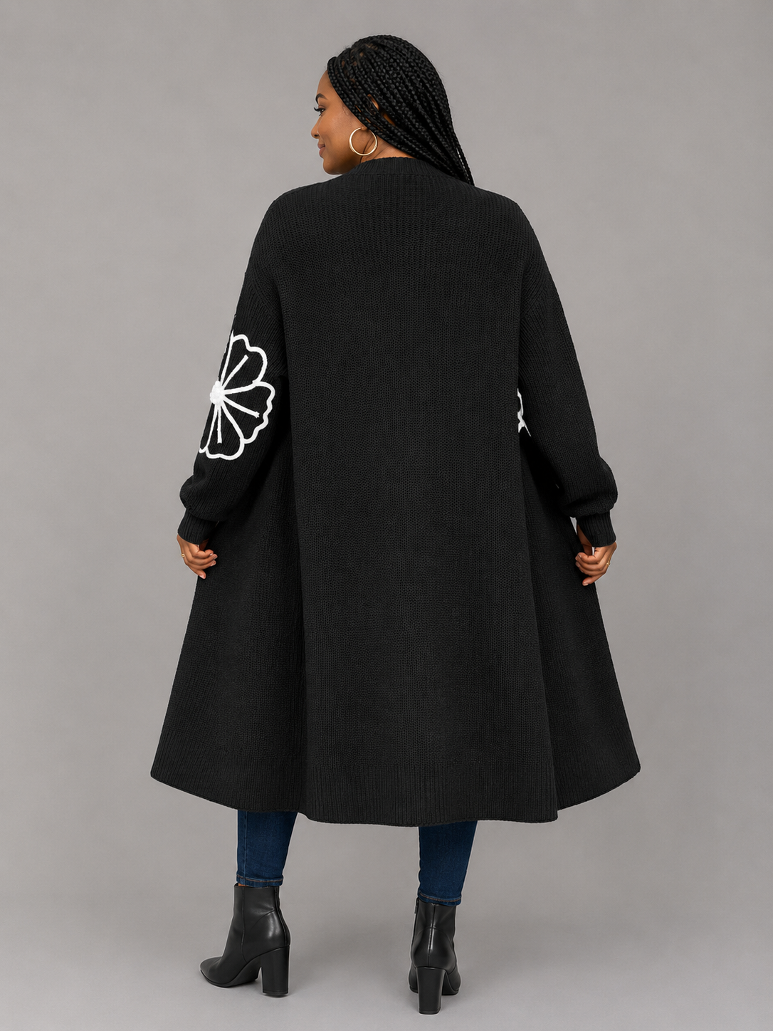 Black Flower Embroidered Open Front Cardigan