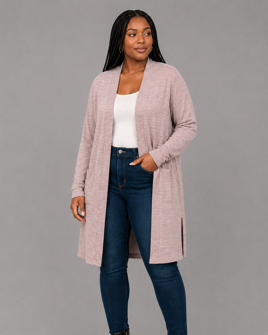 Open Front Tunic Back Cardigan with Pockets - Dusty Rose