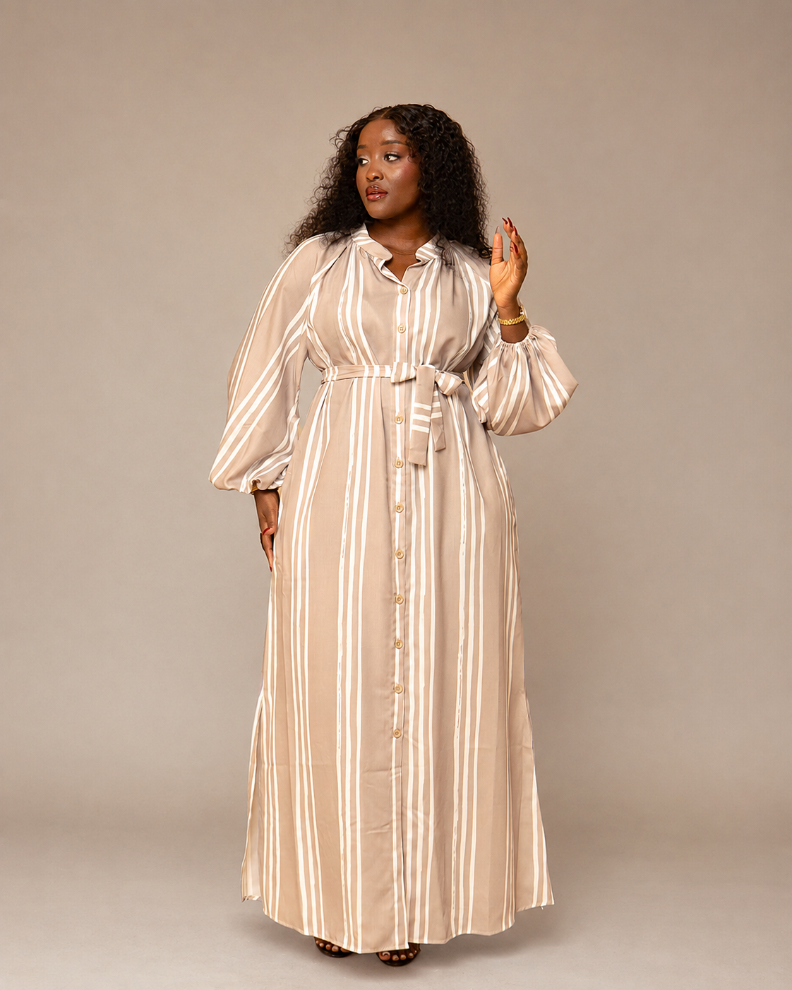 Belted Shirt Maxi Dress - Taupe Stripe
