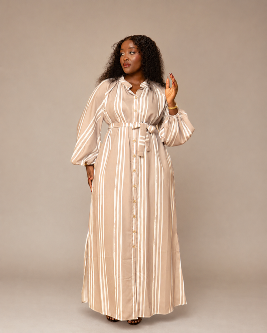 Belted Shirt Maxi Dress - Taupe Stripe