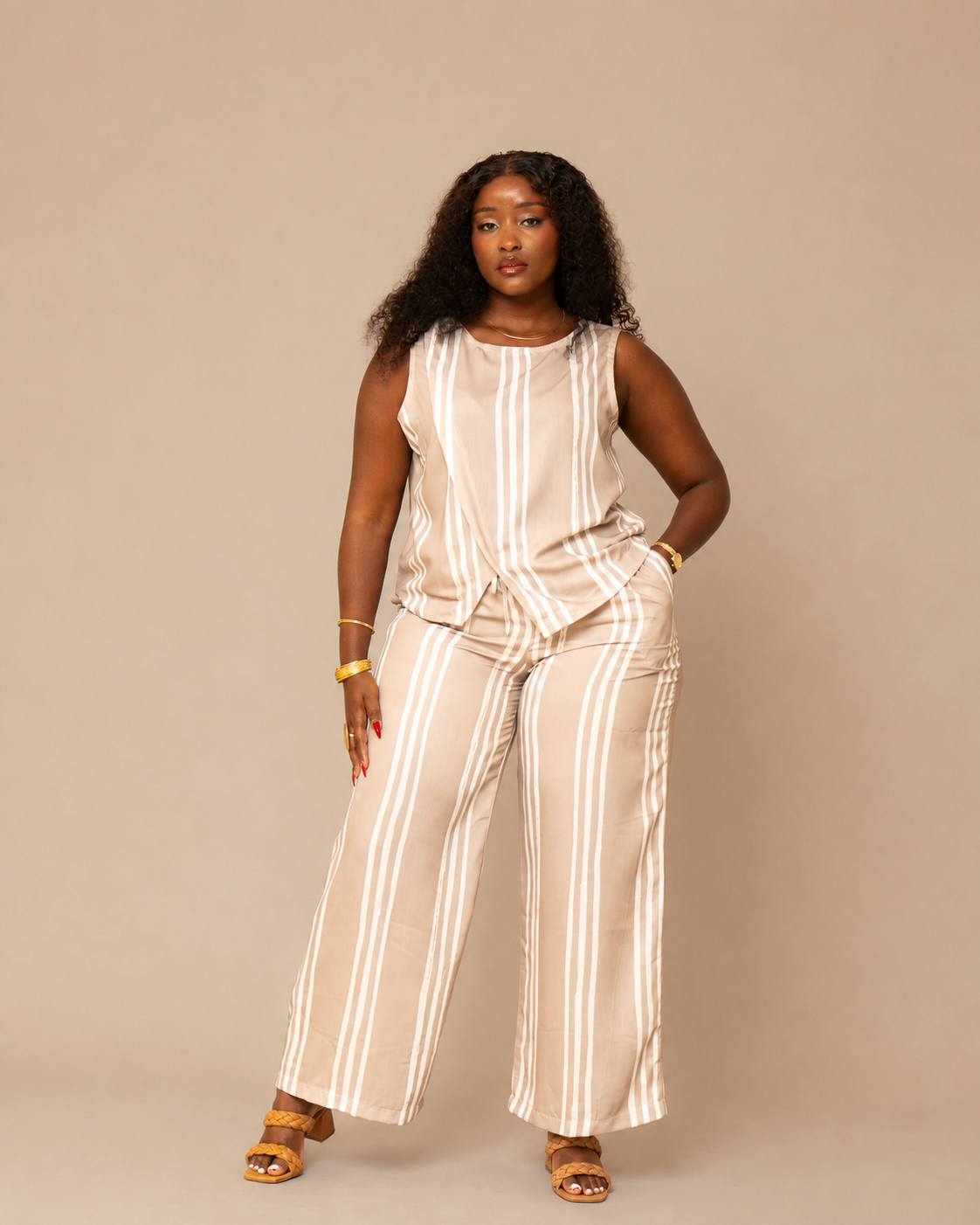 Asymmetric Co-ord Set - Taupe Stripe