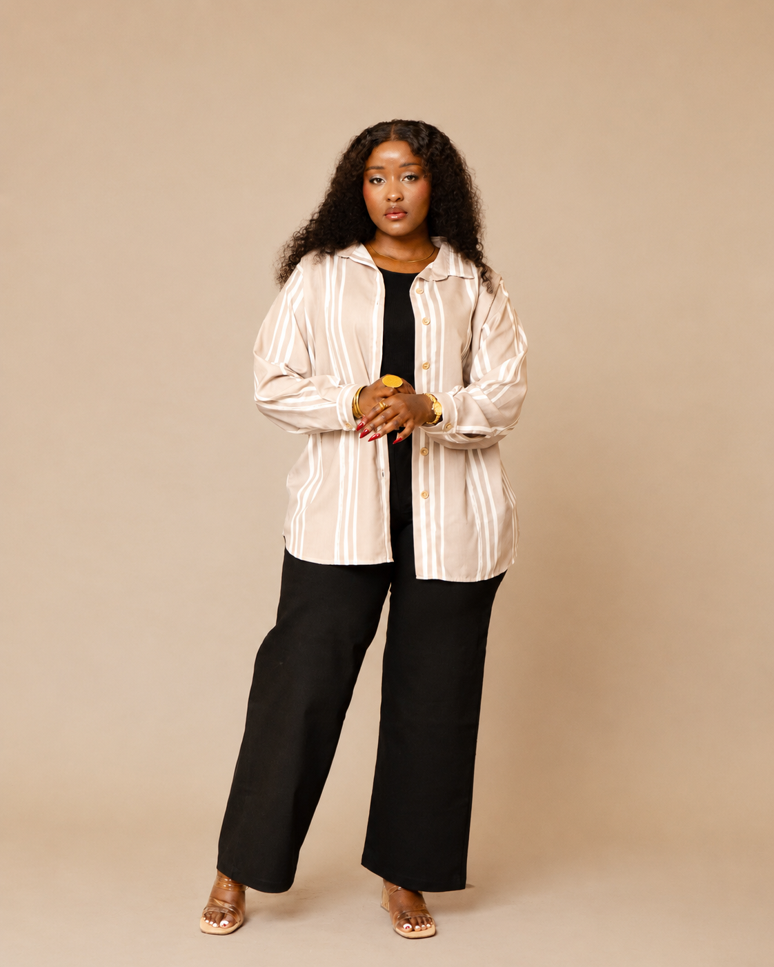 Relaxed Longline Shirt - Taupe Stripe