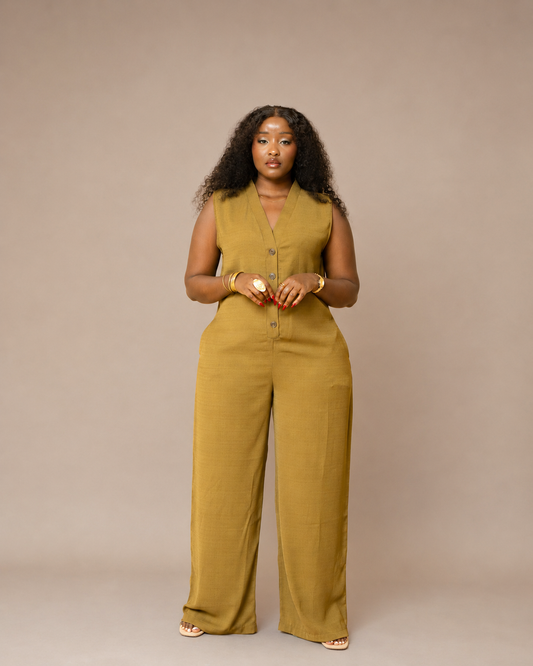 Button Front Wide Leg Jumpsuit - Olive