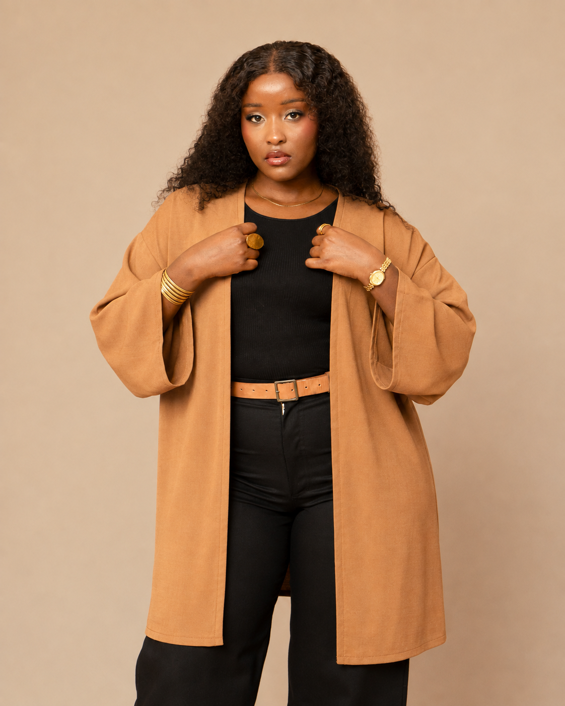 Open Front Kimono - Camel