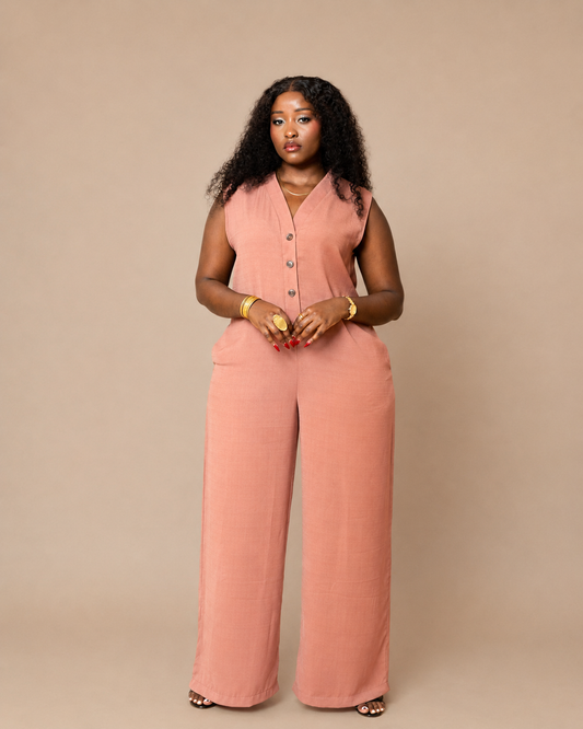 Button Front Wide Leg Jumpsuit - Dusty Rose