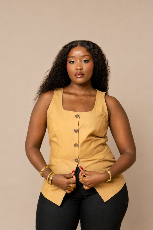 Button Front Tie Back Vest Top - Camel Brown