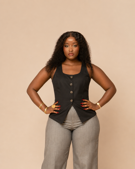 Button Front Tie Back Vest Top - Black