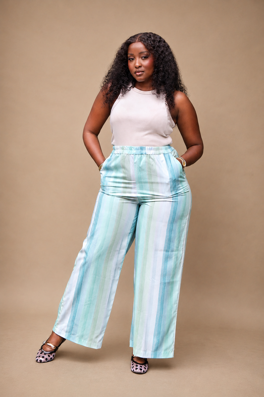 Wide Leg Palazzo Pants - Aqua Stripe