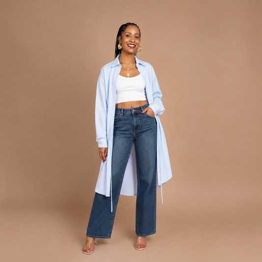 Button Down Midi-length Cotton Shirtdress - Baby Blue
