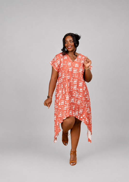 Nia Asymmetric Midi Dress - Coral Dash Print