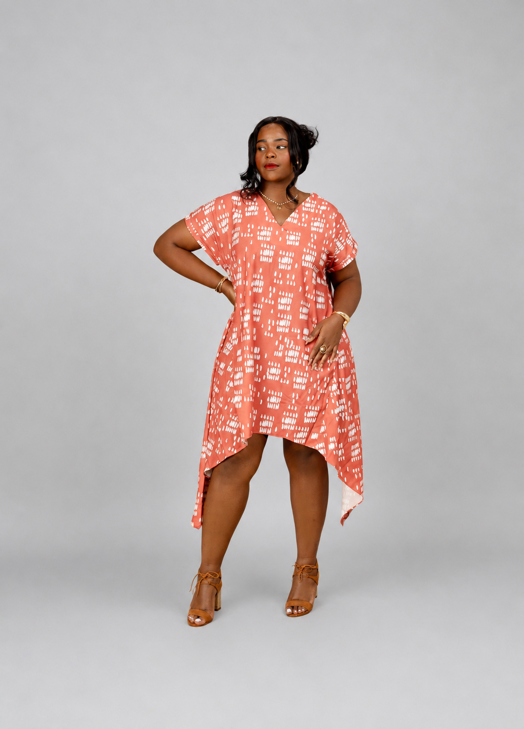 Nia Asymmetric Midi Dress - Coral Dash Print