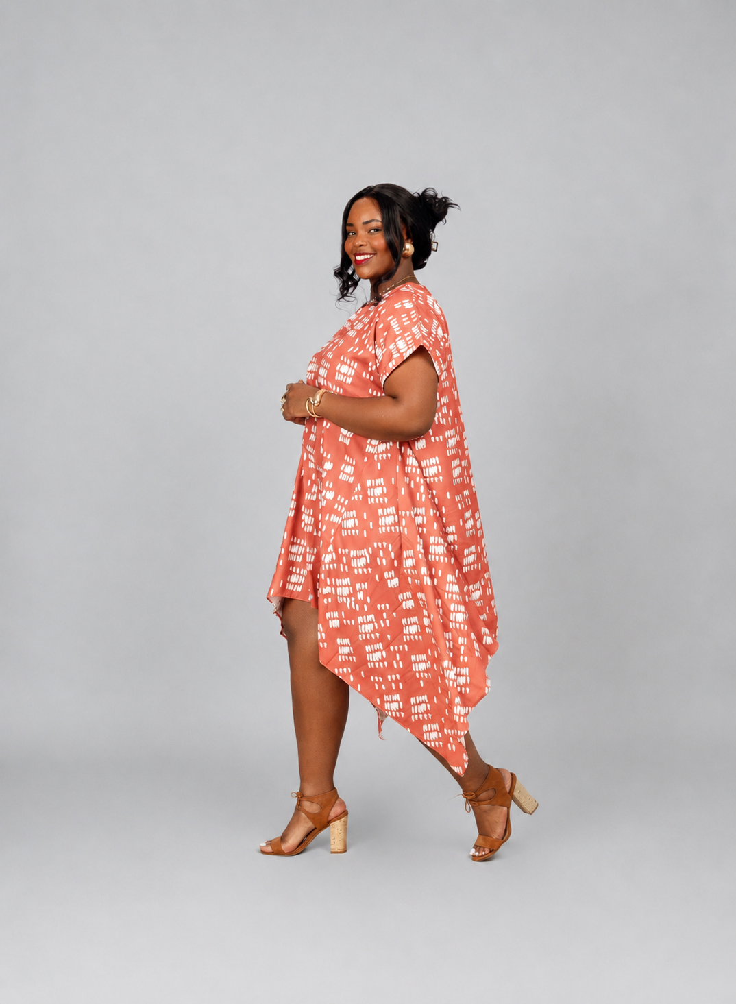Nia Asymmetric Midi Dress - Coral Dash Print