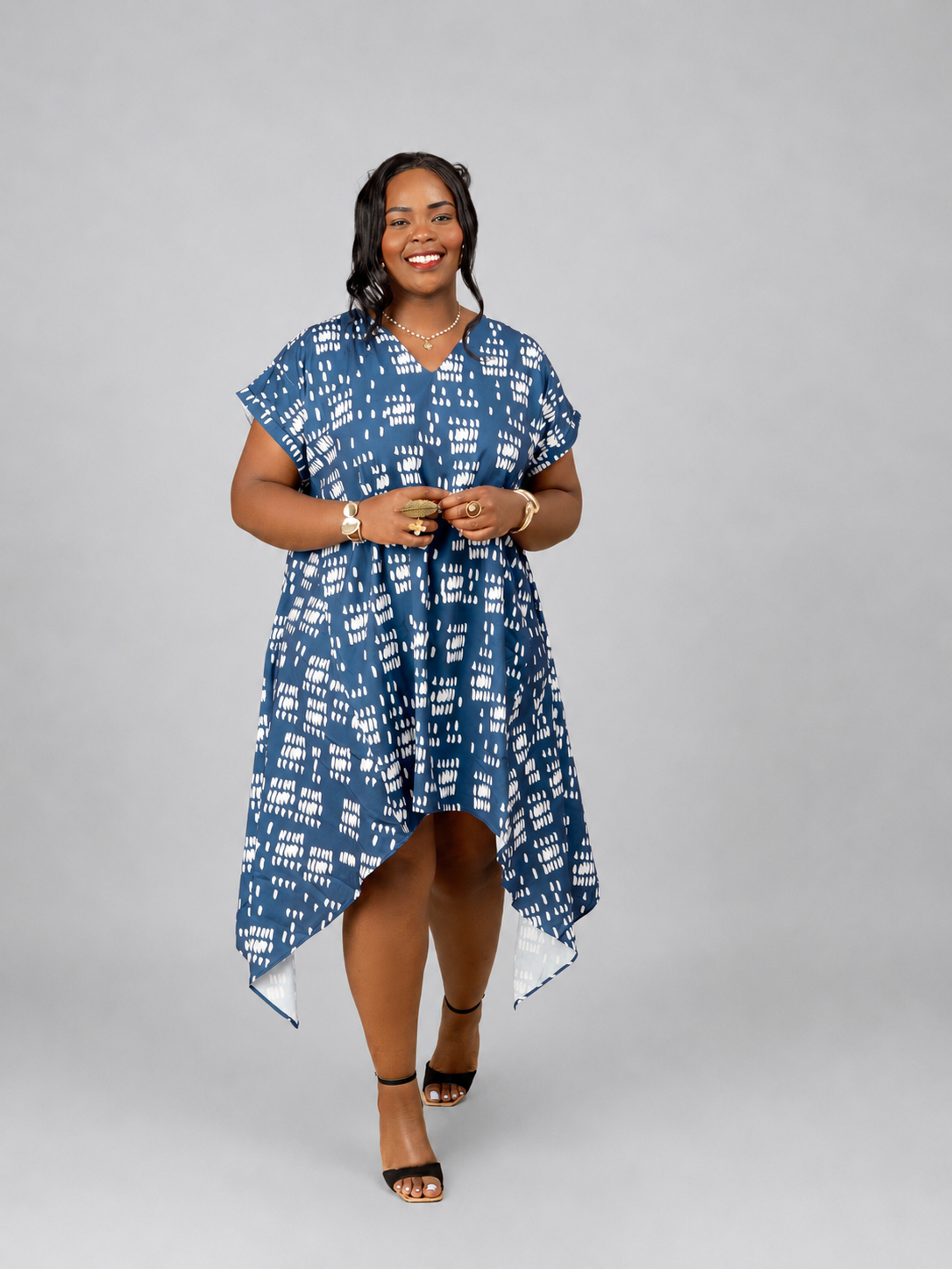 Nia Asymmetric Midi Dress - Blue Dash Print