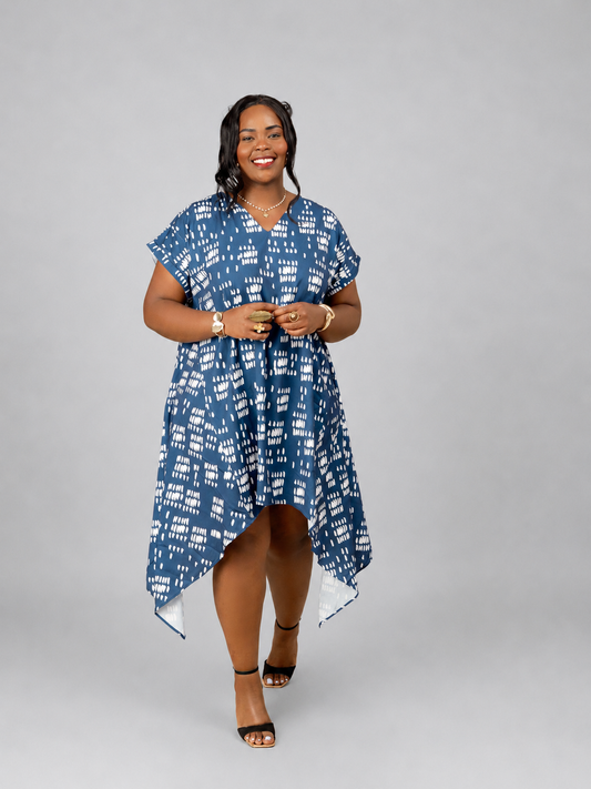 Nia Asymmetric Midi Dress - Blue Dash Print
