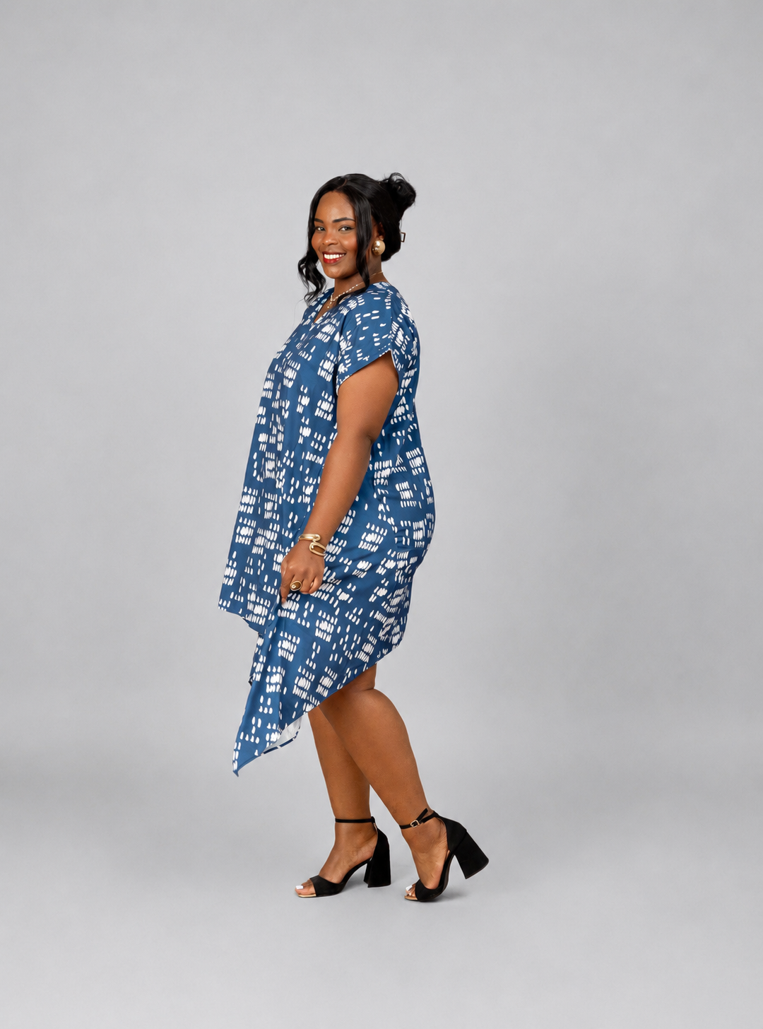 Nia Asymmetric Midi Dress - Blue Dash Print