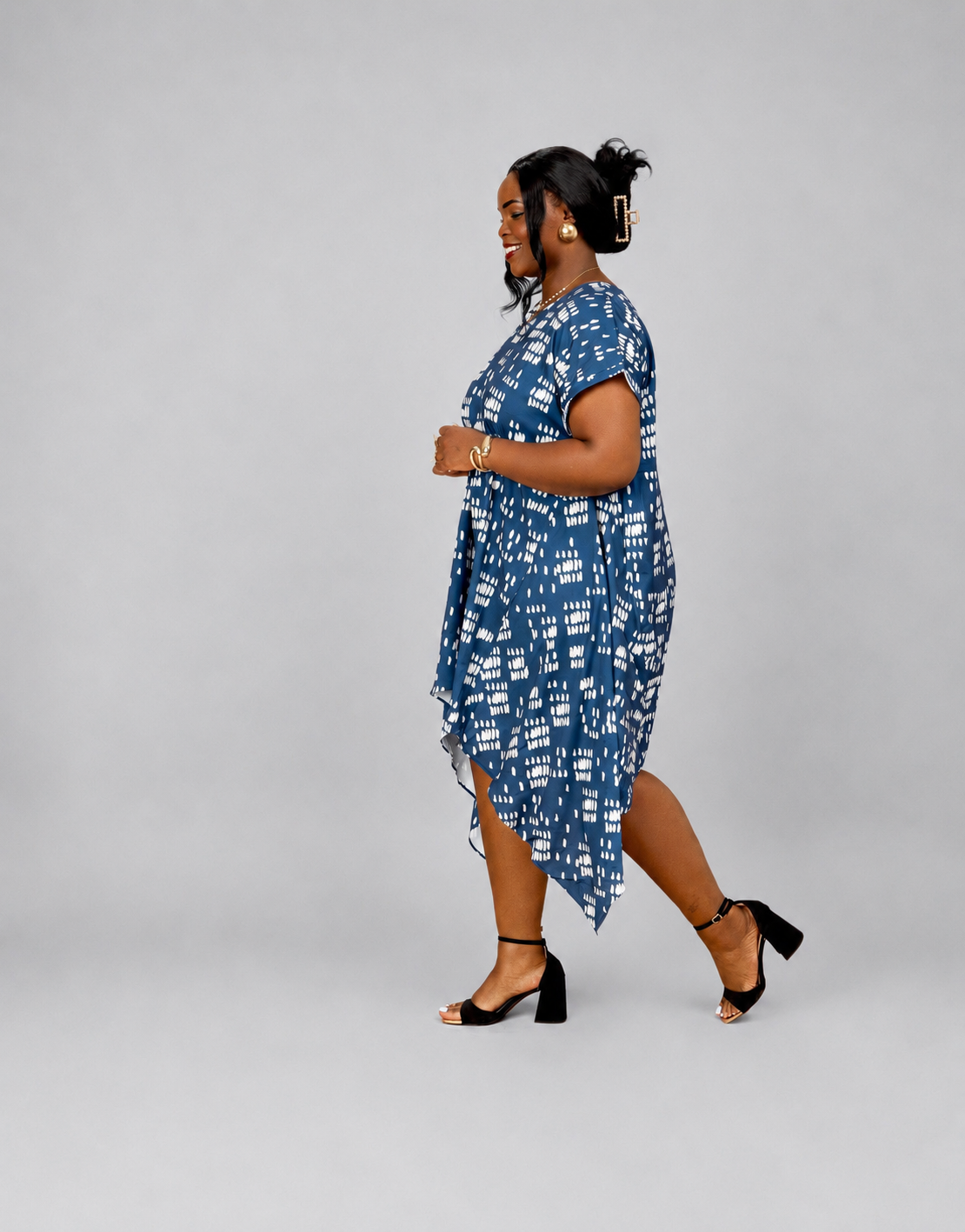 Nia Asymmetric Midi Dress - Blue Dash Print