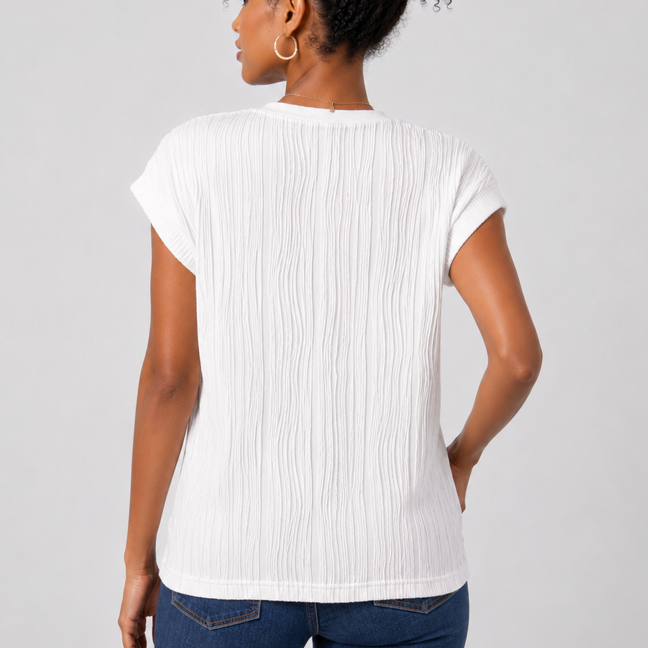 White Wavy Textured Button V Neck Tee