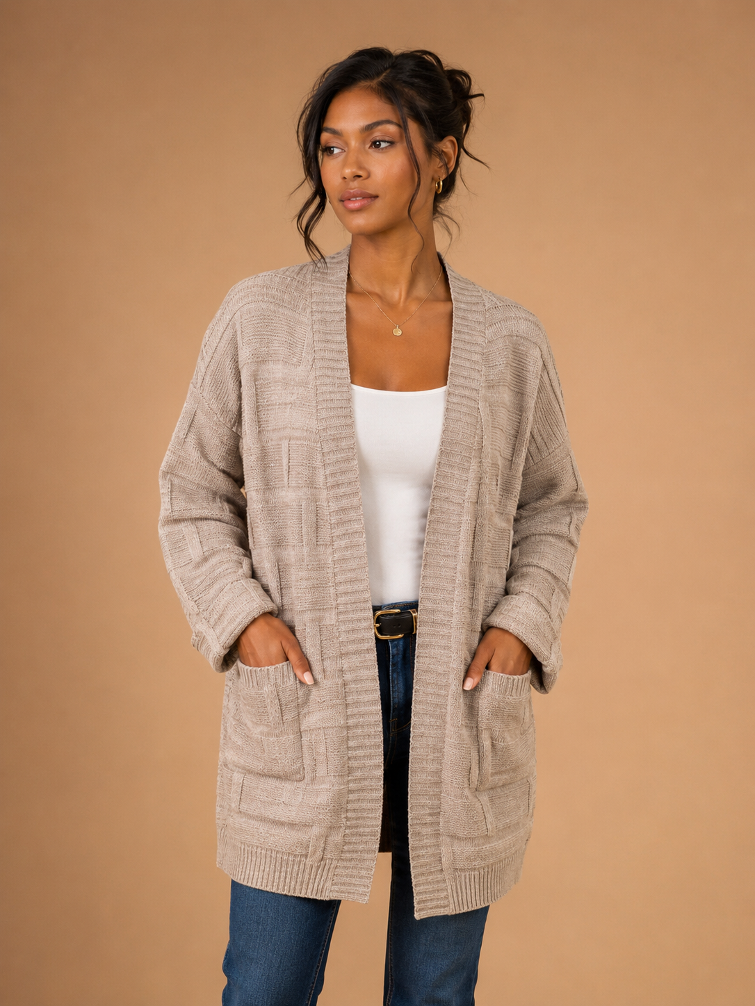 Textured Knit Open Front Cardigan - Oatmeal