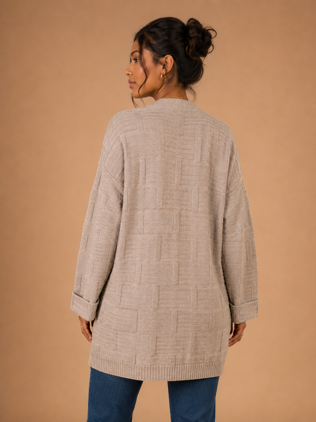 Textured Knit Open Front Cardigan - Oatmeal