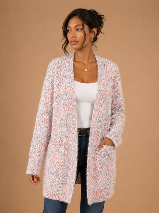 Fuzzy Open Front Knit Cardigan - Pink Confetti
