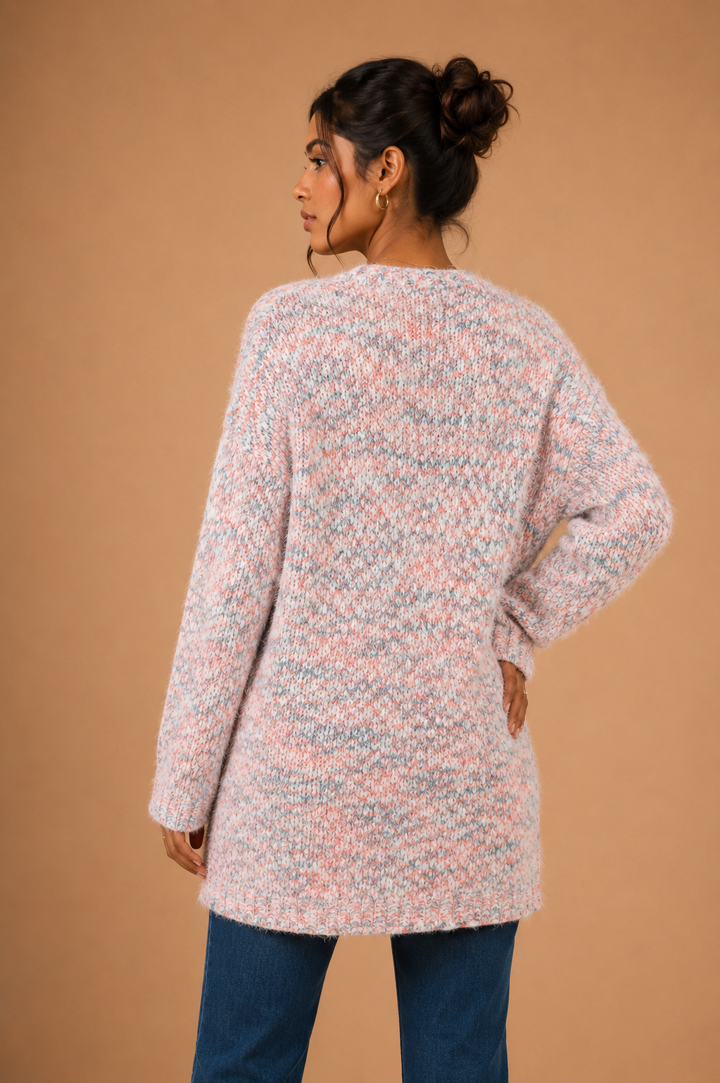 Fuzzy Open Front Knit Cardigan - Pink Confetti