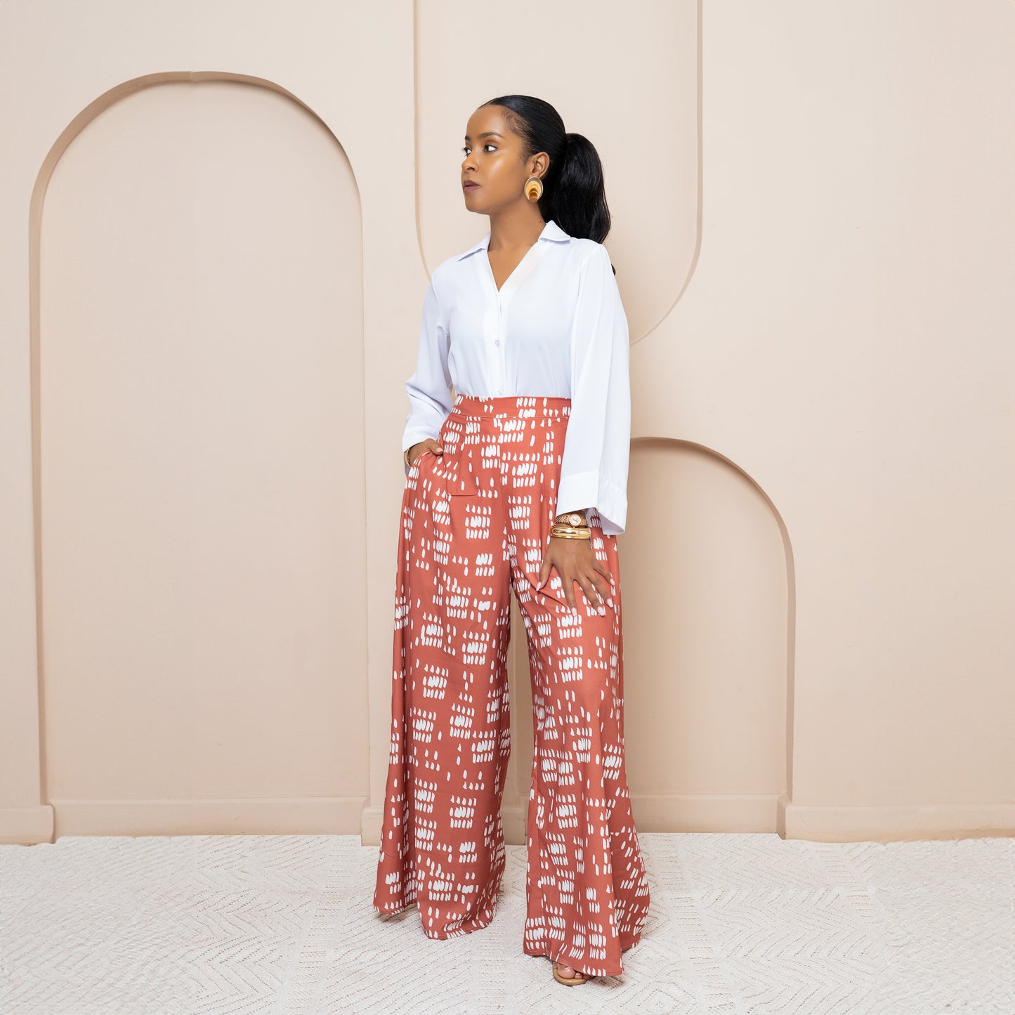 Long Sleeve Buttoned Blouse + Ultra Flowy Wide Leg Pants