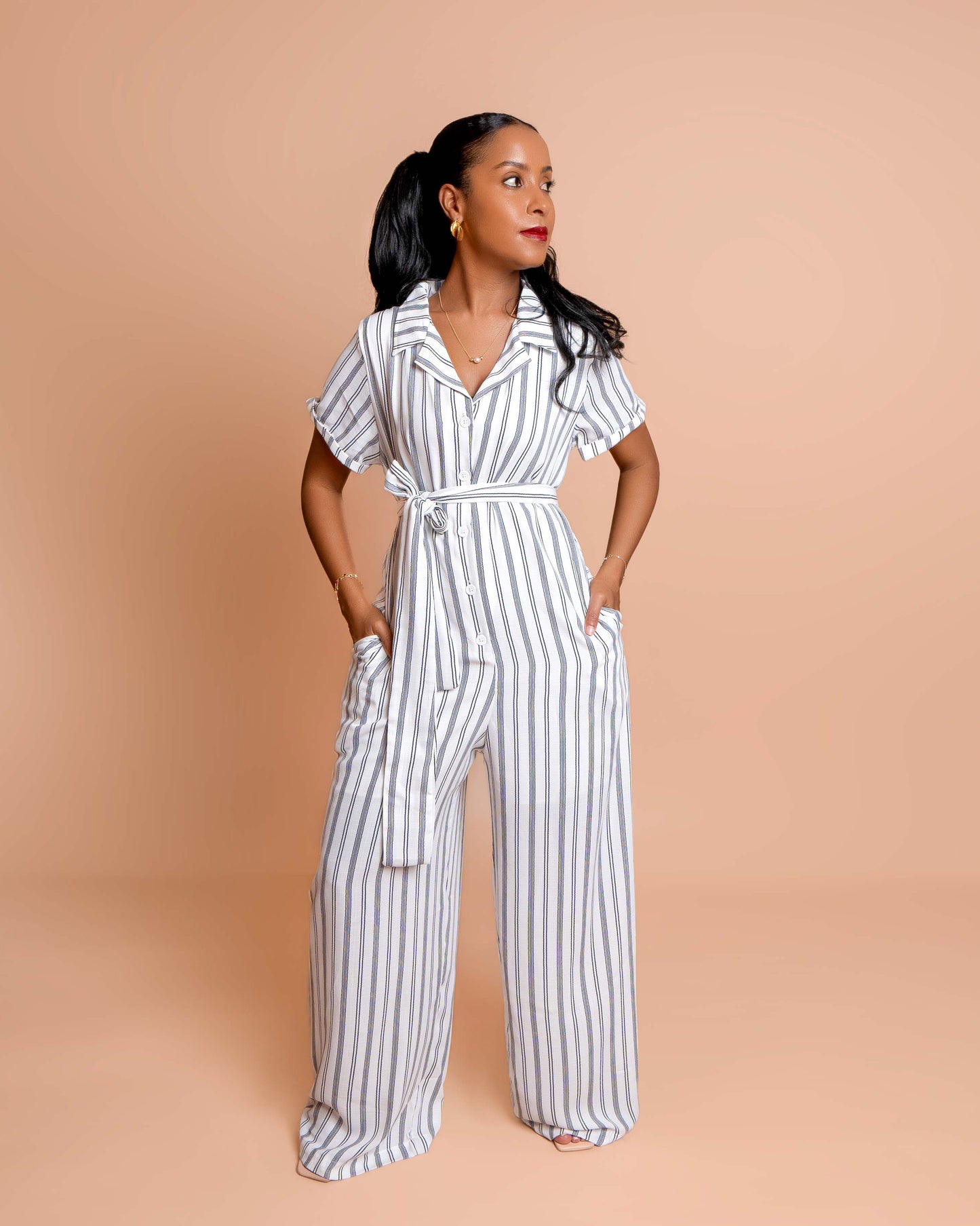 Wide Leg Belted Jumpsuit - Black & White Stripe