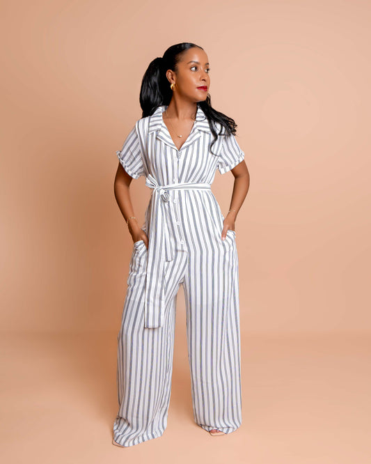 Wide Leg Belted Jumpsuit - Black & White Stripe