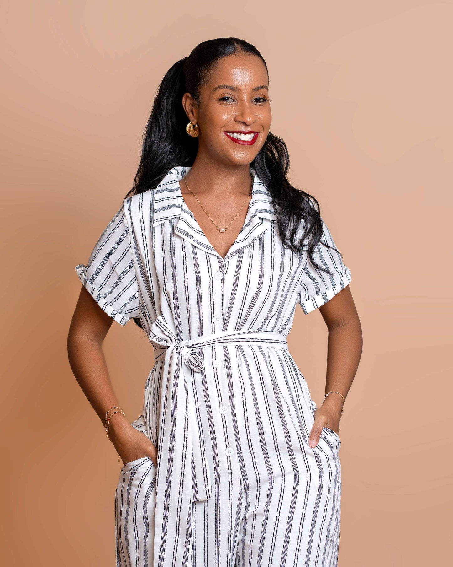 Wide Leg Belted Jumpsuit - Black & White Stripe