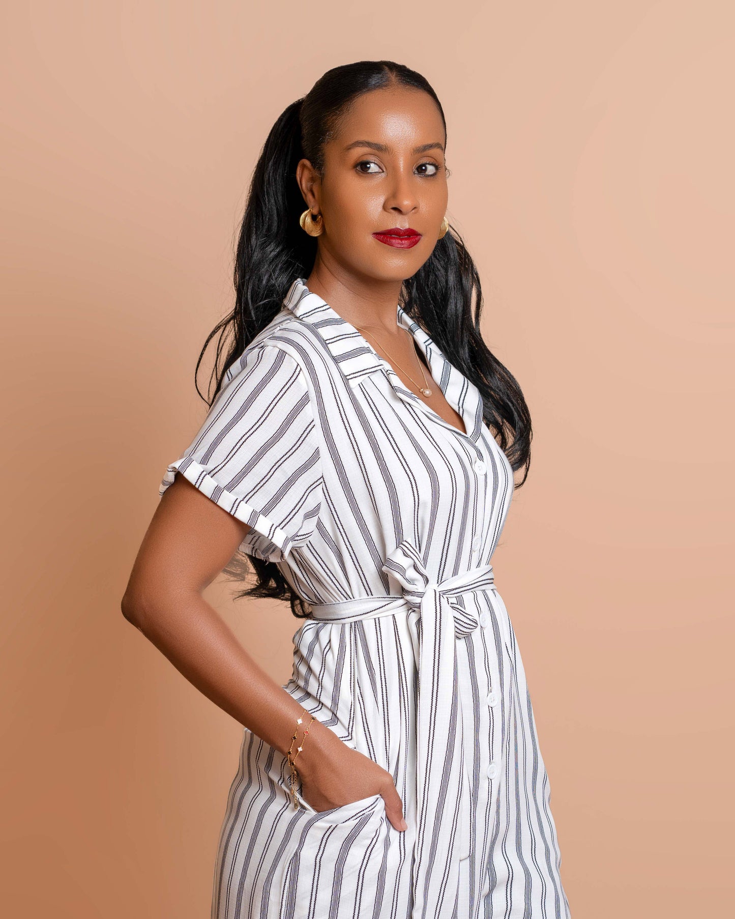 Wide Leg Belted Jumpsuit - Black & White Stripe