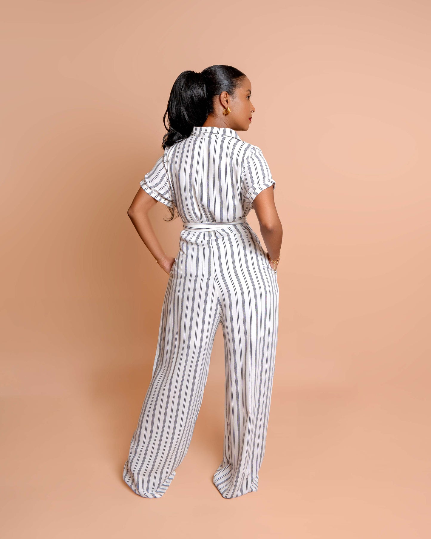 Wide Leg Belted Jumpsuit - Black & White Stripe