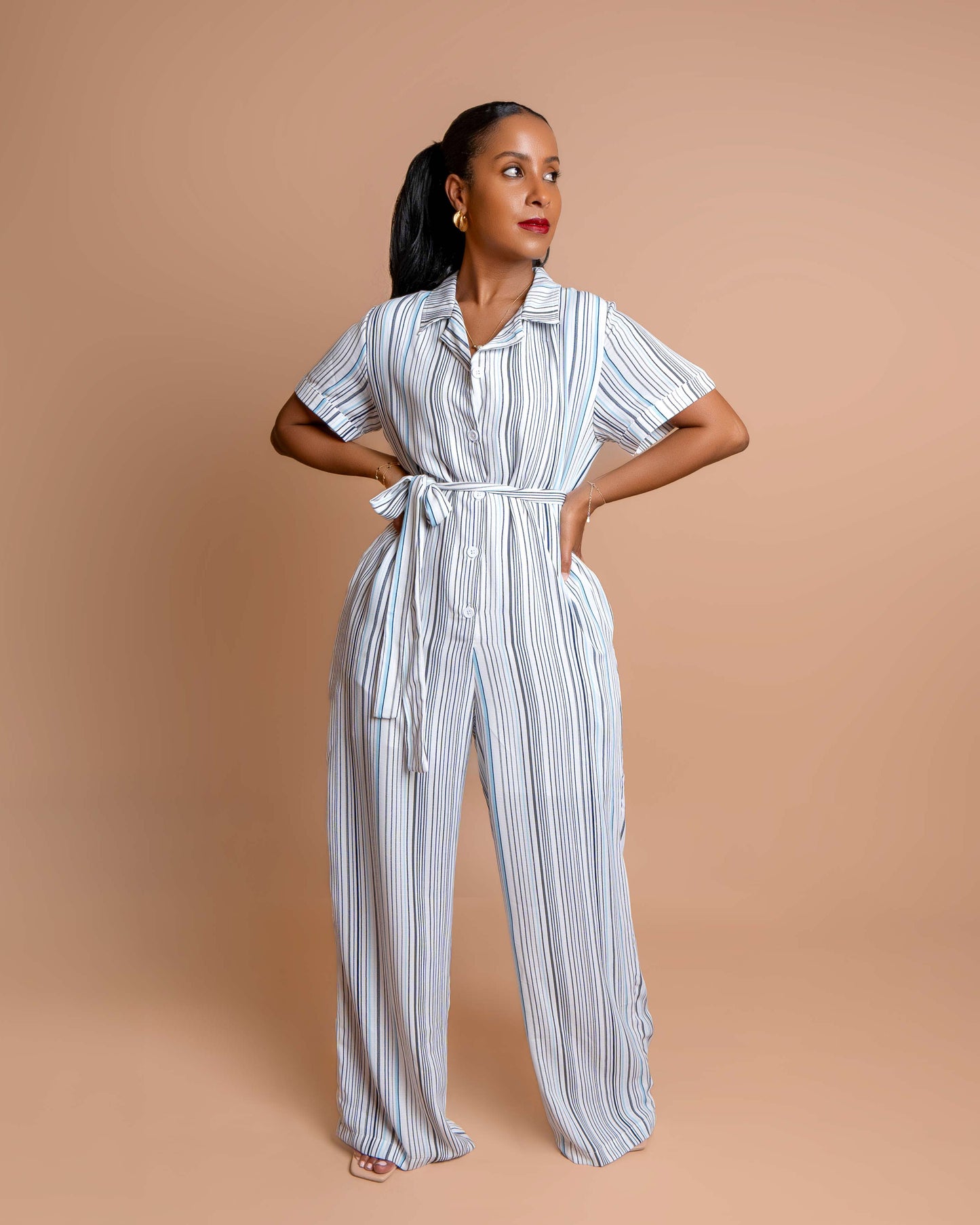 Wide Leg Belted Jumpsuit - Blue/Grey Pinstripes