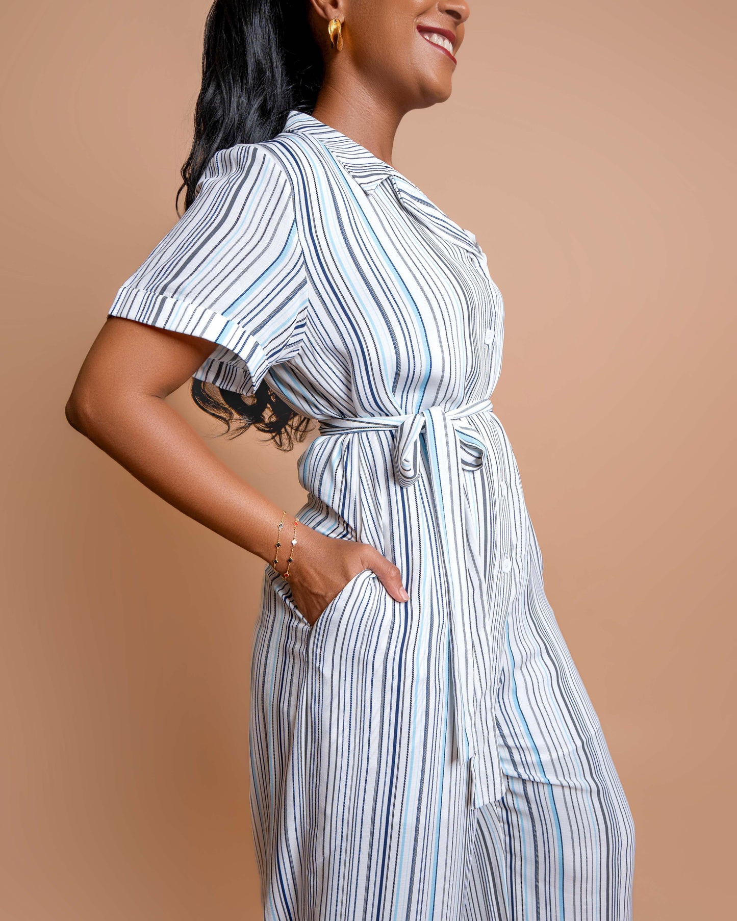 Wide Leg Belted Jumpsuit - Blue/Grey Pinstripes
