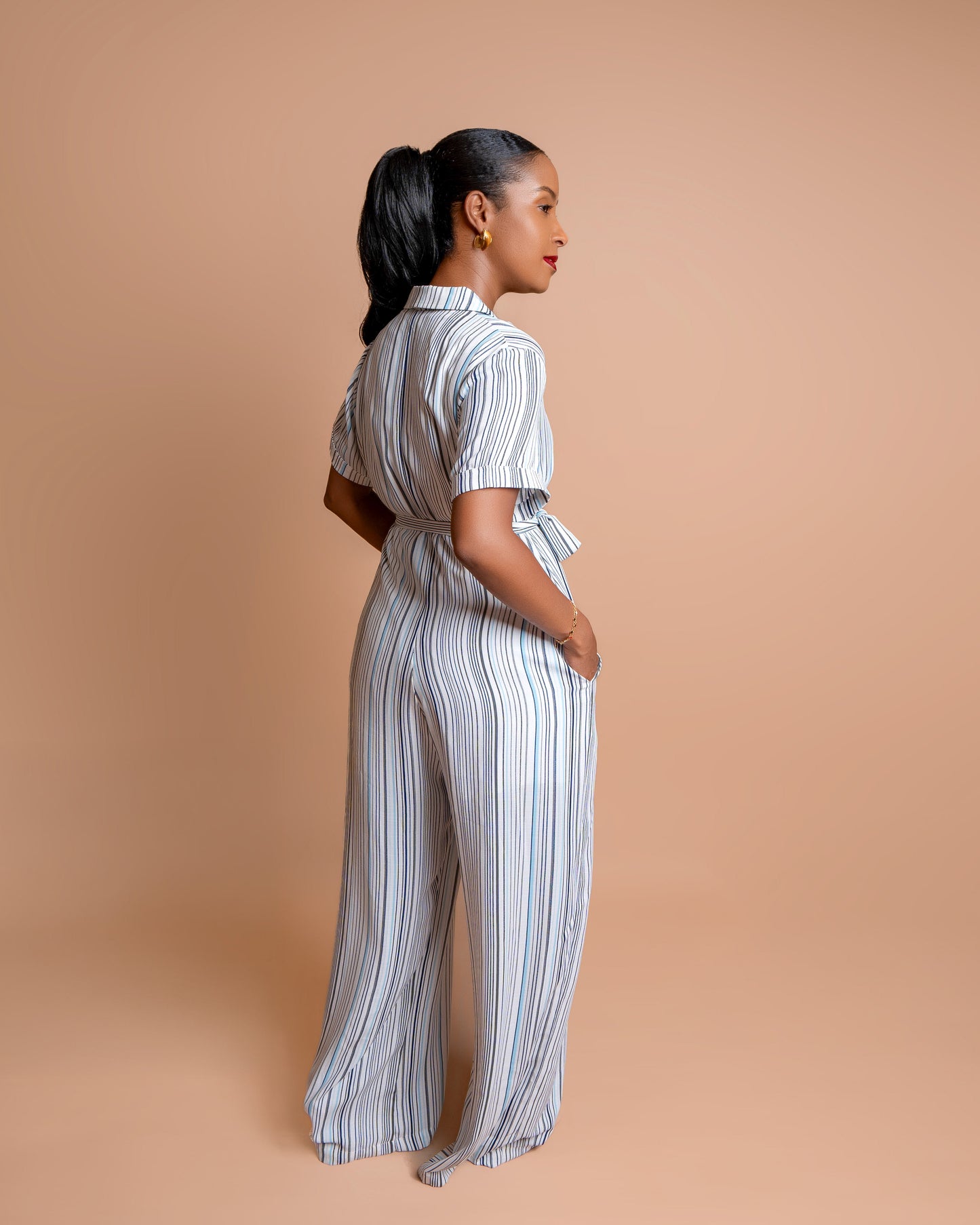 Wide Leg Belted Jumpsuit - Blue/Grey Pinstripes