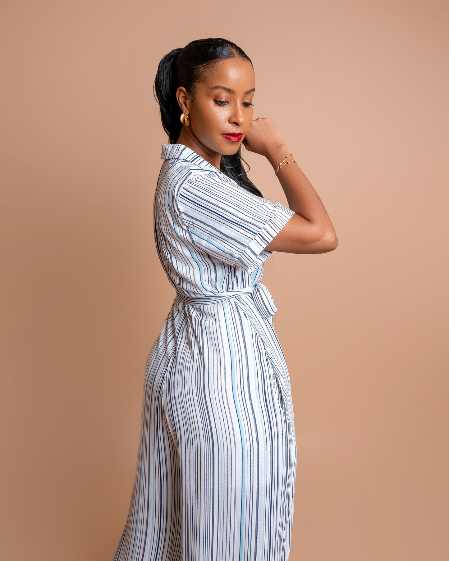 Wide Leg Belted Jumpsuit - Blue/Grey Pinstripes