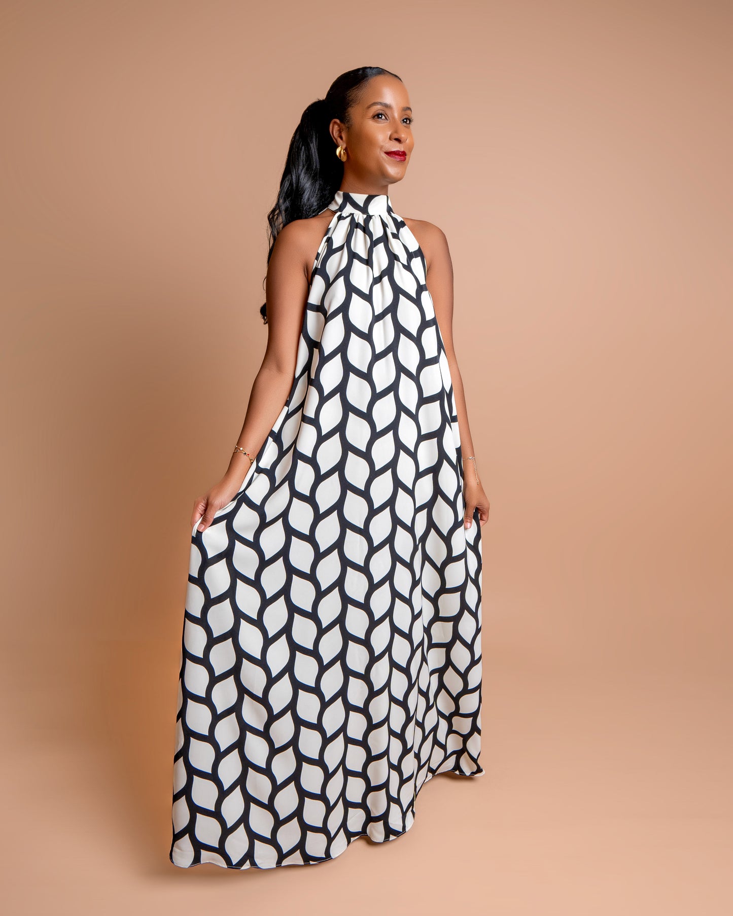Halter Neck Maxi Dress - Abstract Wave