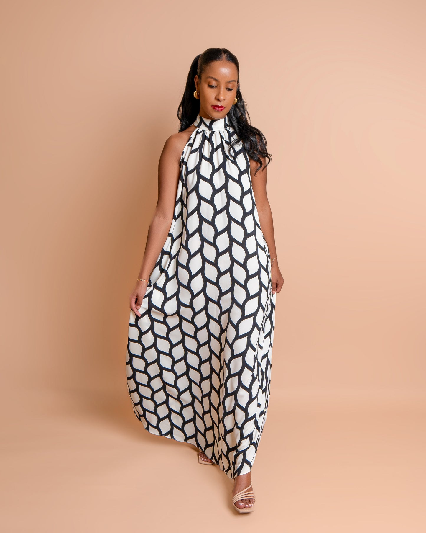 Halter Neck Maxi Dress - Abstract Wave