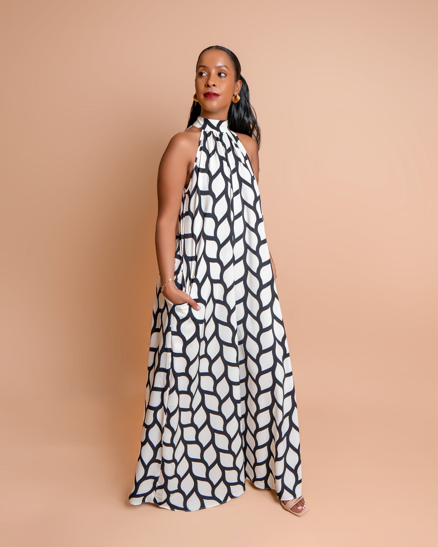 Halter Neck Maxi Dress - Abstract Wave