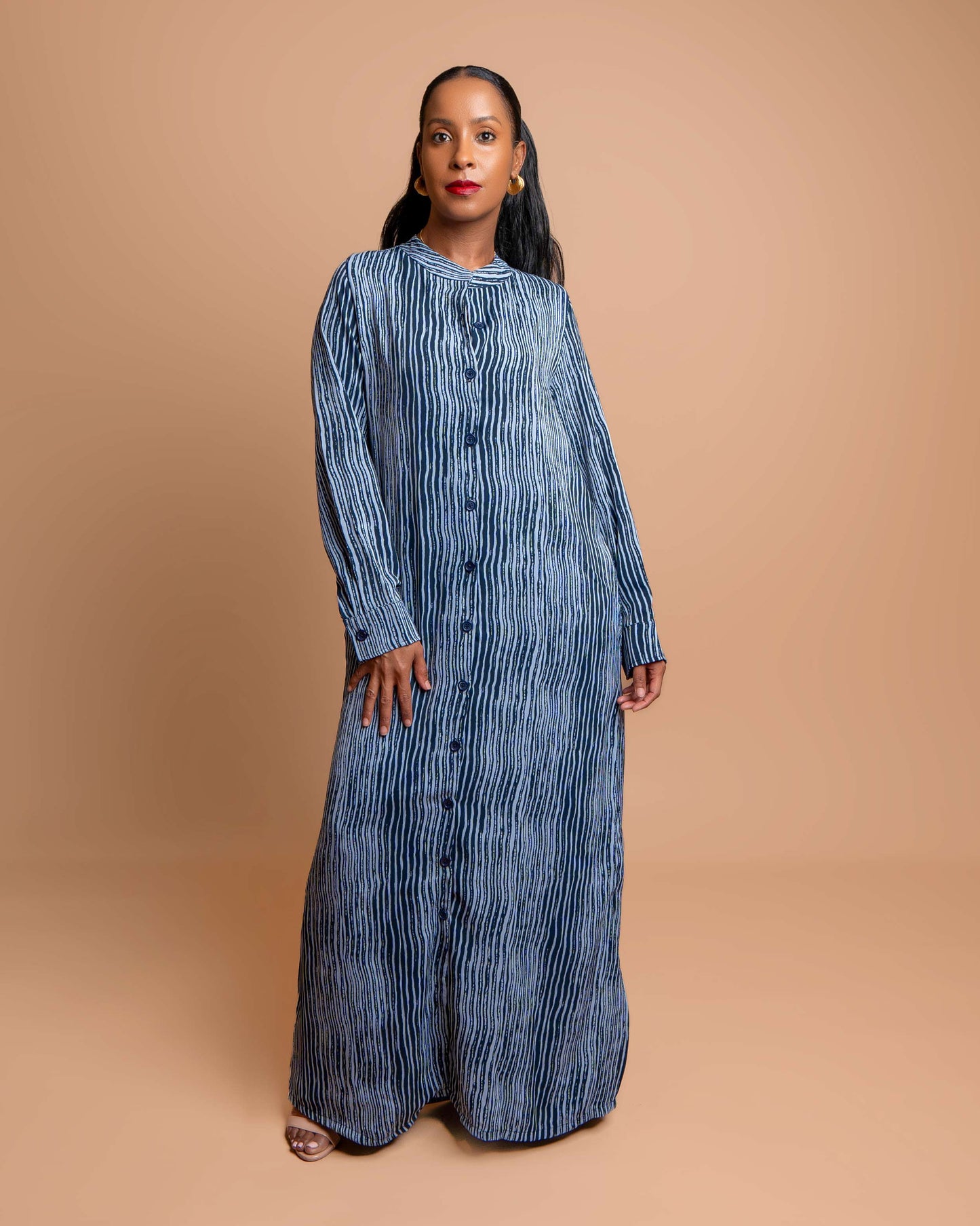 Button-Down Maxi Dress with Belt - Blue Stripes