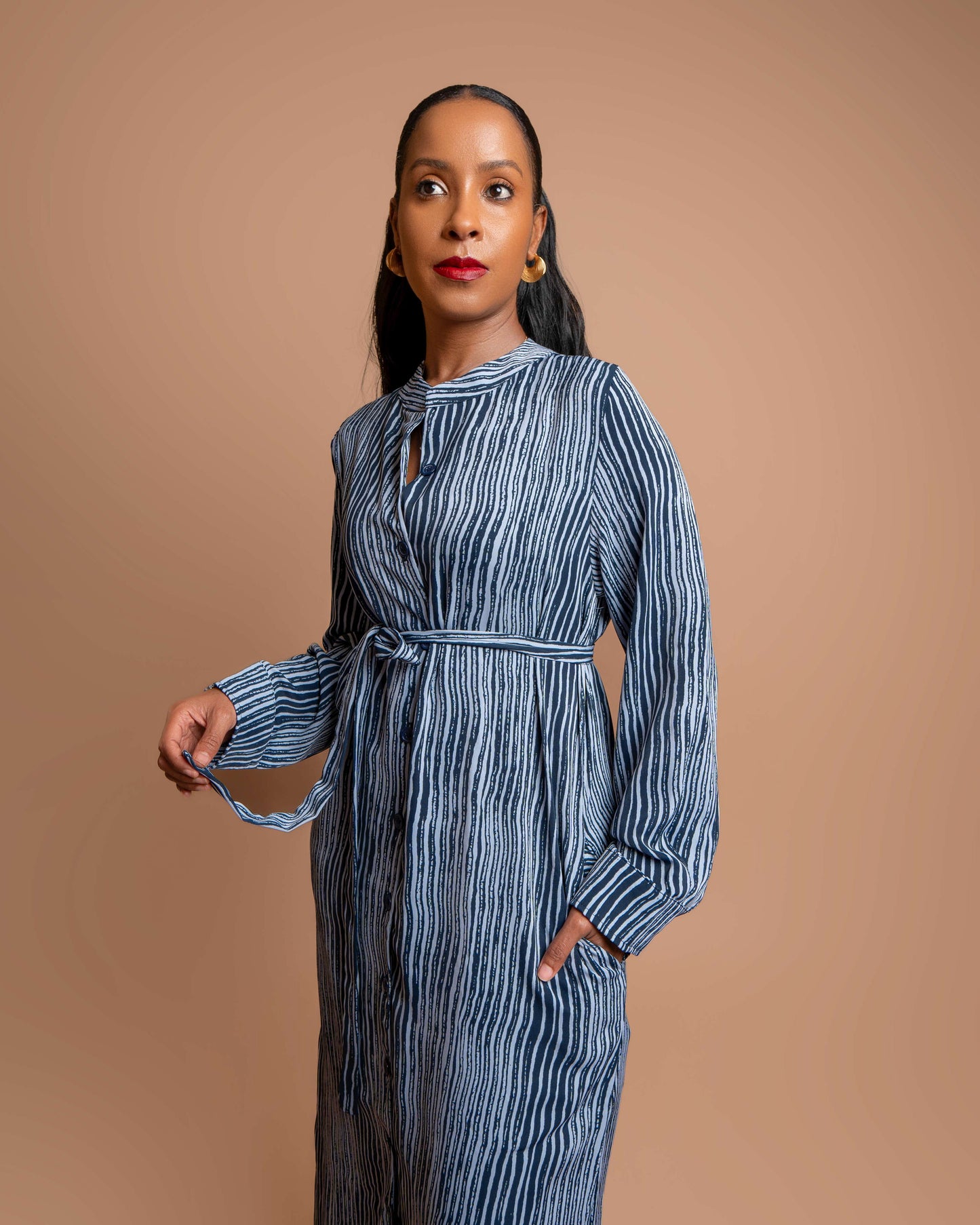 Button-Down Maxi Dress with Belt - Blue Stripes