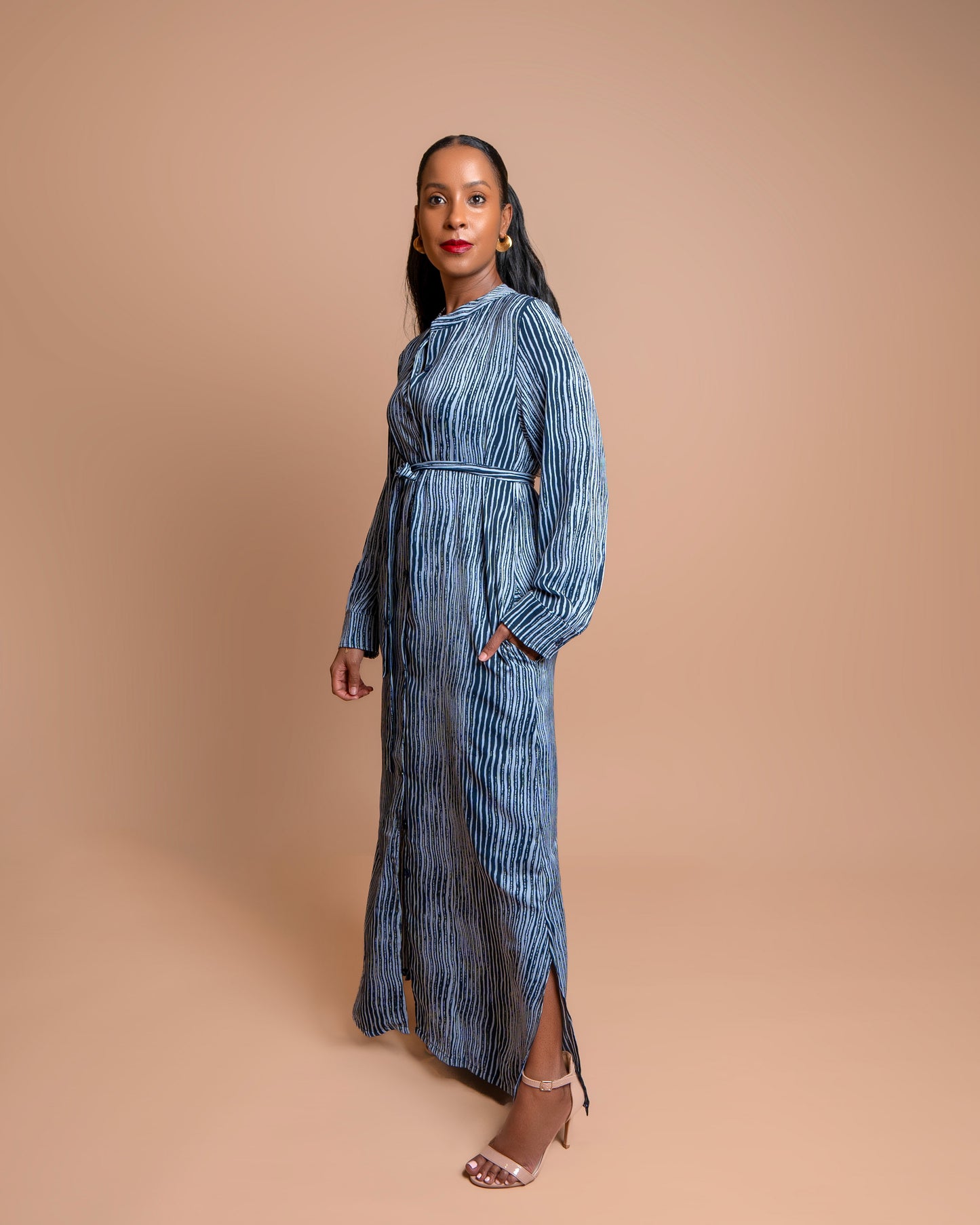 Button-Down Maxi Dress with Belt - Blue Stripes