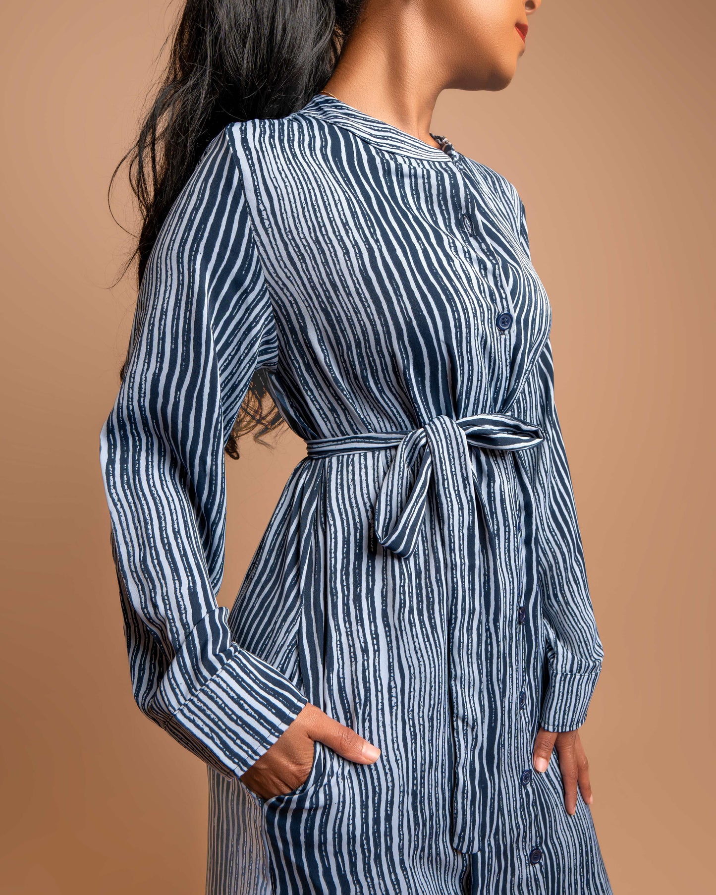 Button-Down Maxi Dress with Belt - Blue Stripes