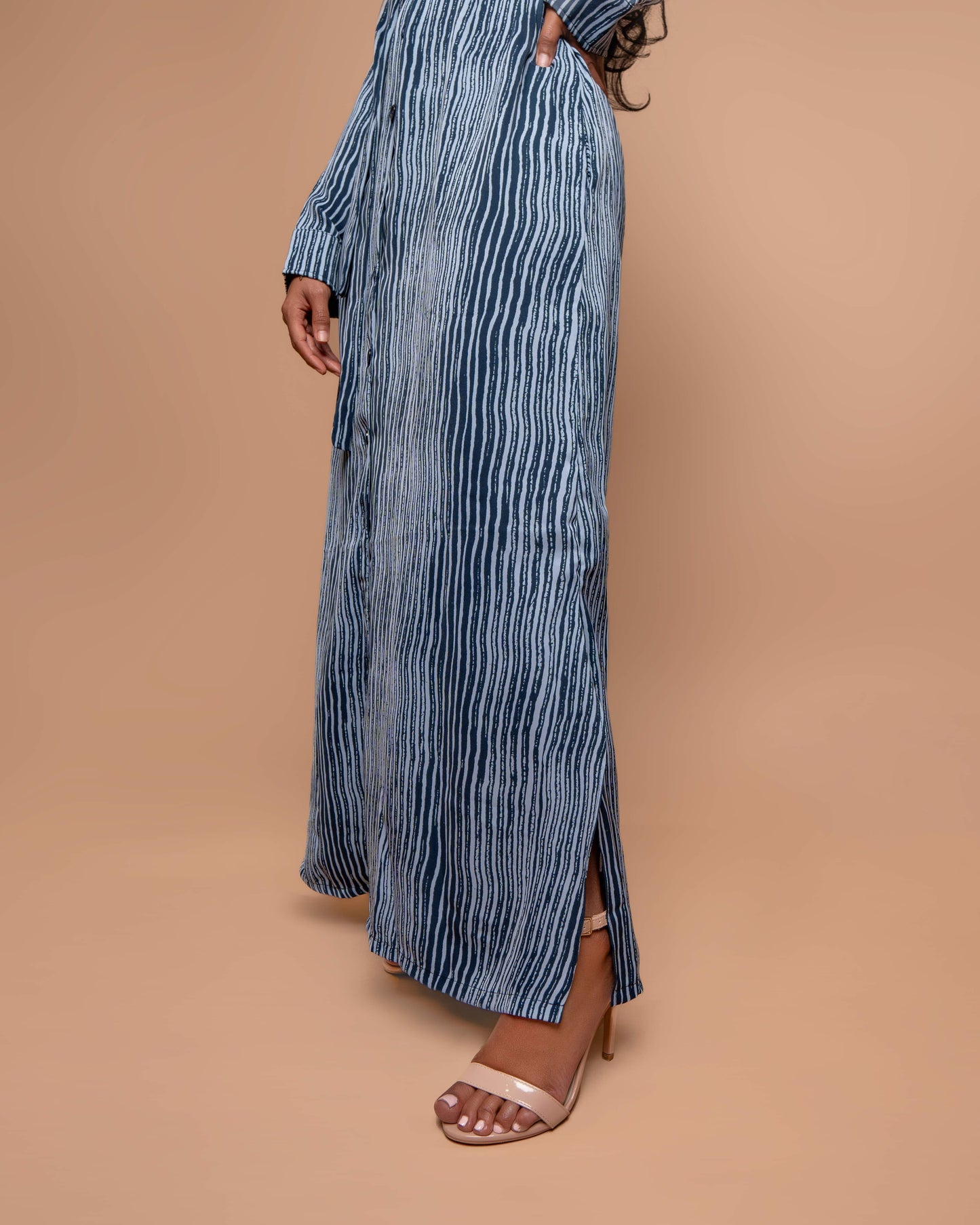 Button-Down Maxi Dress with Belt - Blue Stripes