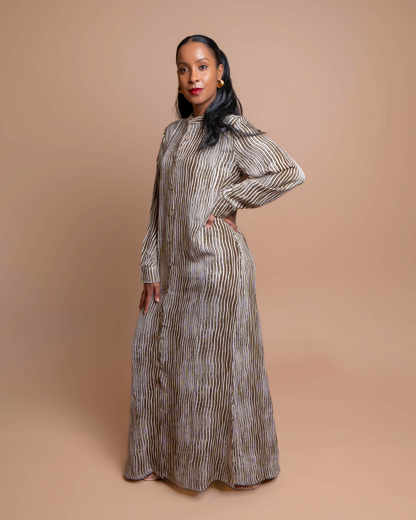 Button-Down Maxi Dress with Belt - Olive Brown Stripes